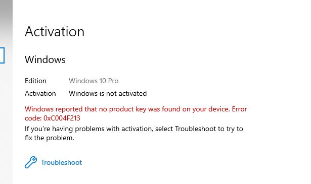 windows activation and that no product key was found.